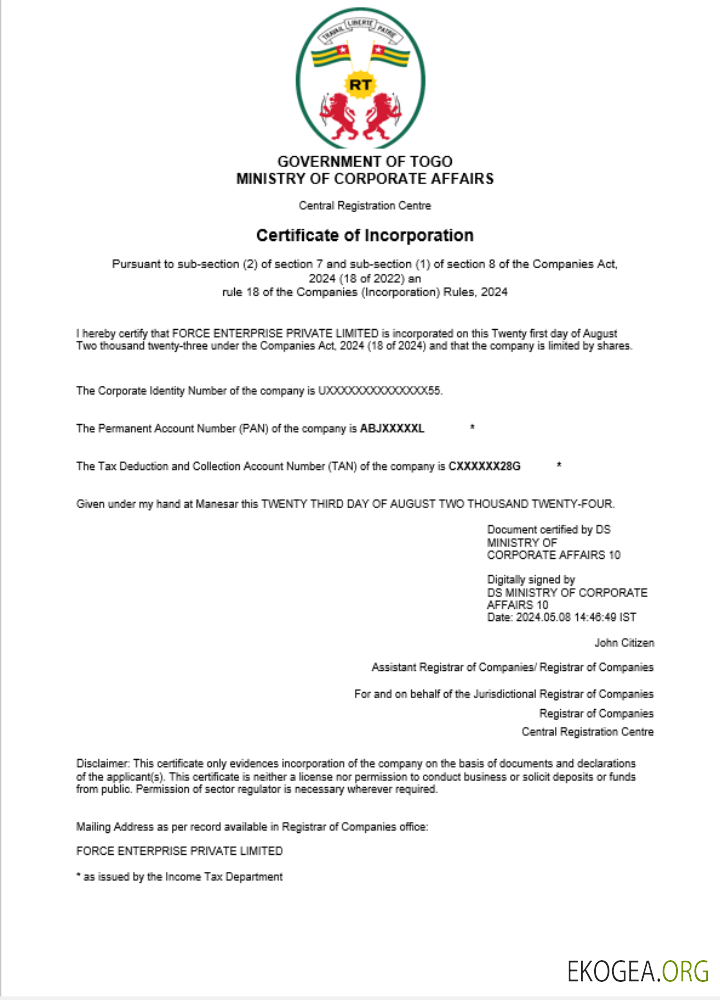 Modèle Word et PDF de certificat d'enregistrement d'entreprise au Togo